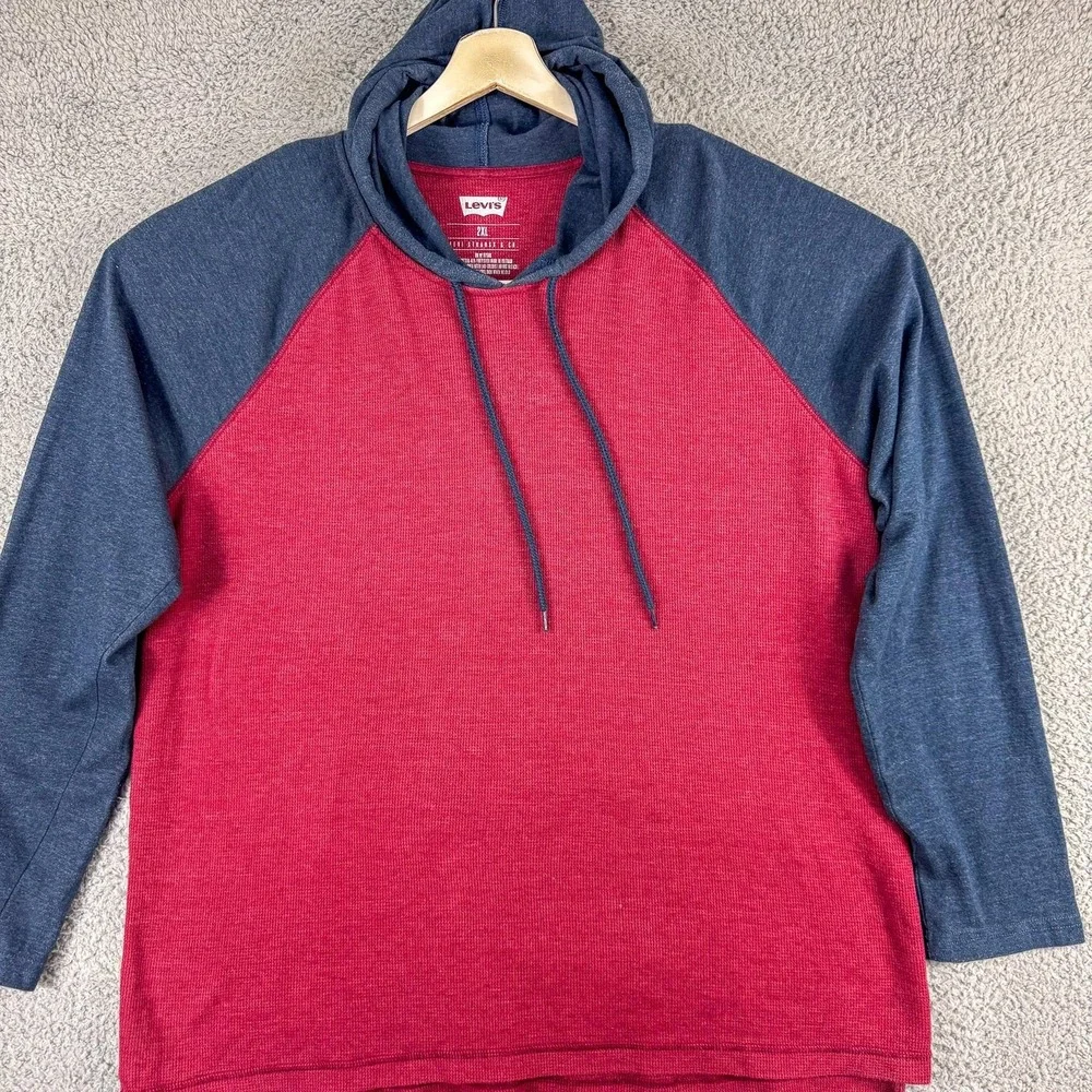 Levis Hoodie Mens 2XL Red Blue Pullover Raglan Long Sleeve Hooded Sweatshirt‎